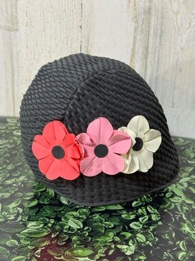 Black Floral Accent Swim Cap with Pink Flowers